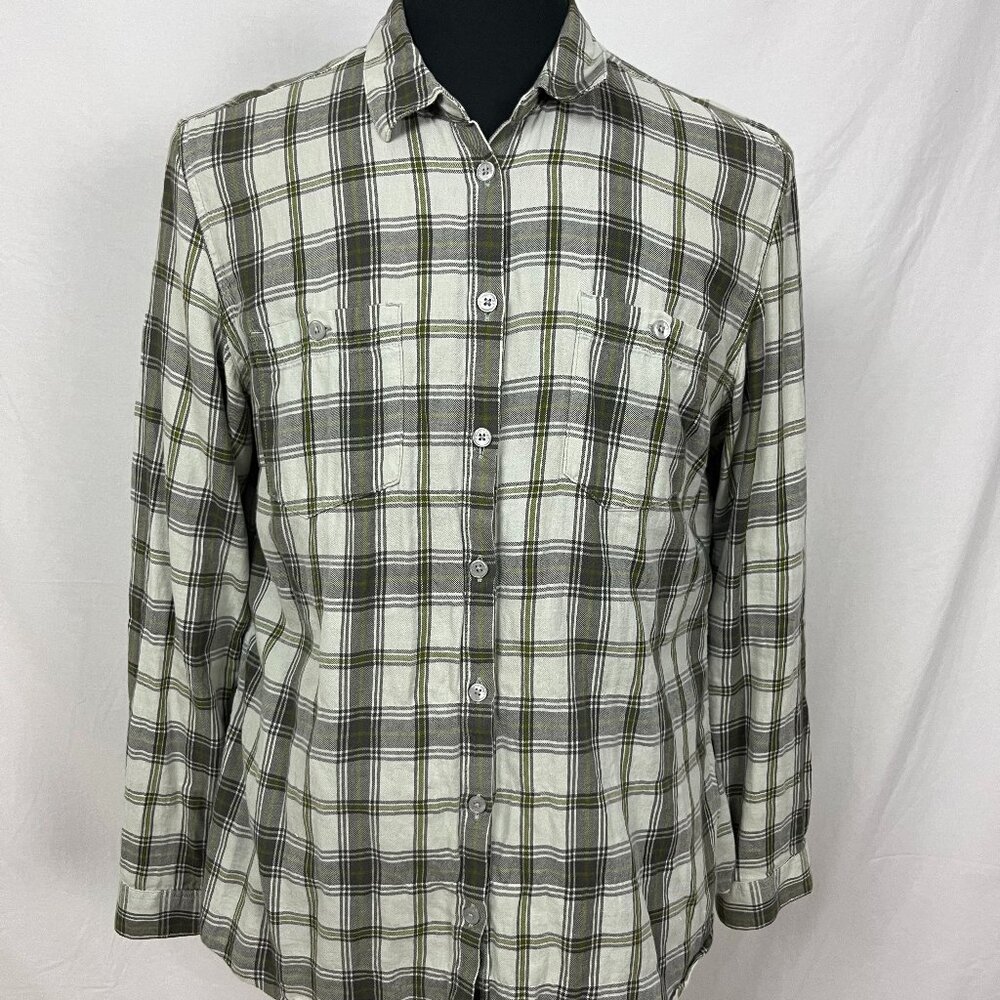 Horny Toad Muted Green Plaid Button Up Flannel Size Adjusting Buttons Size M/L